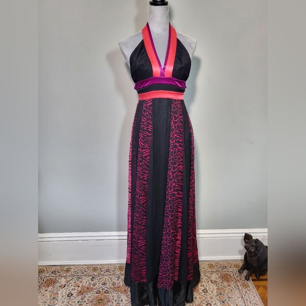 ⭐️ Marciano (Guess) Vintage Hot Pink Magenta Black Animal Satin & Sheer Maxi